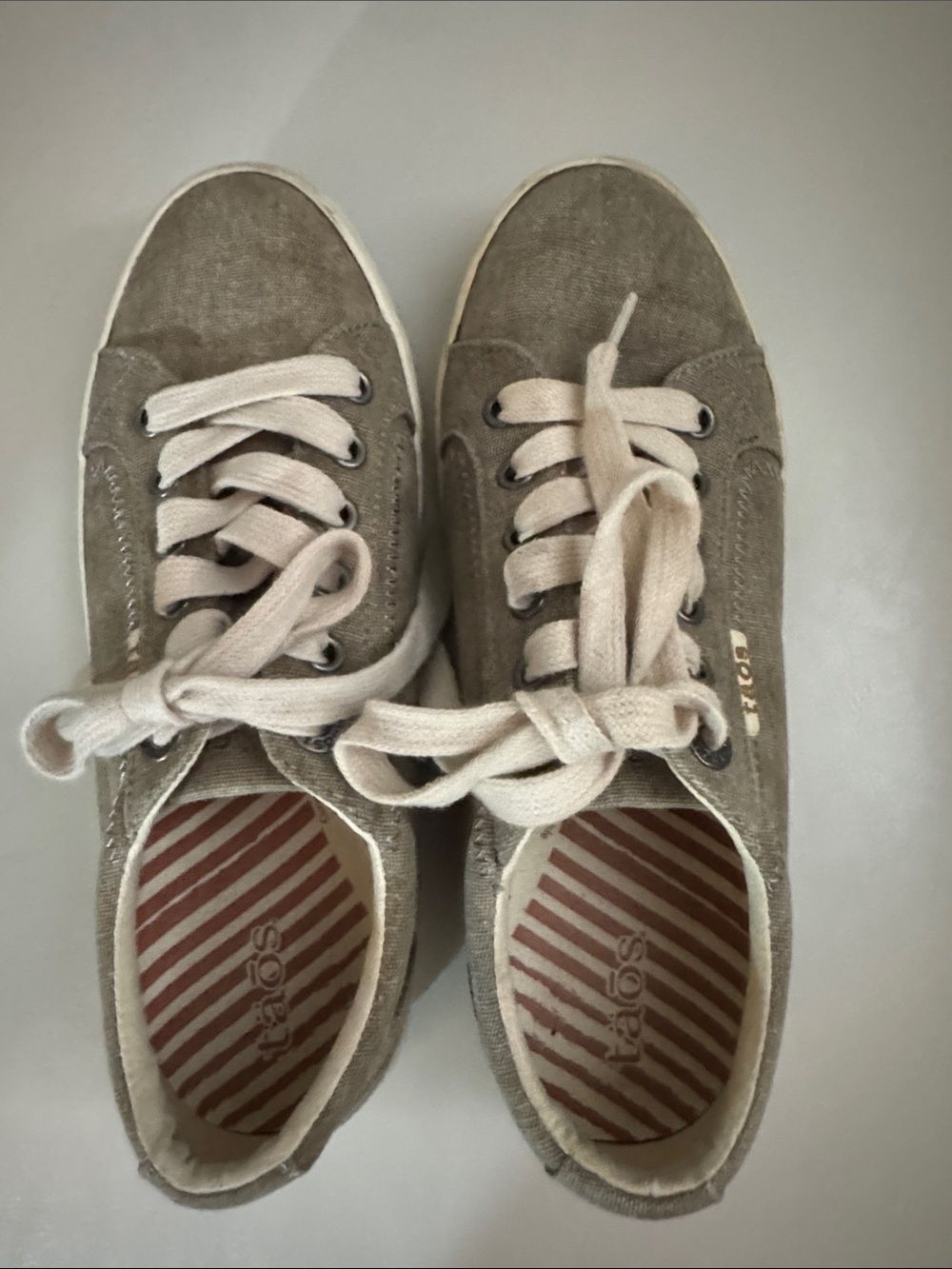Taos Footwear Beige Canvas Slip-On with Brown Stripe Insole